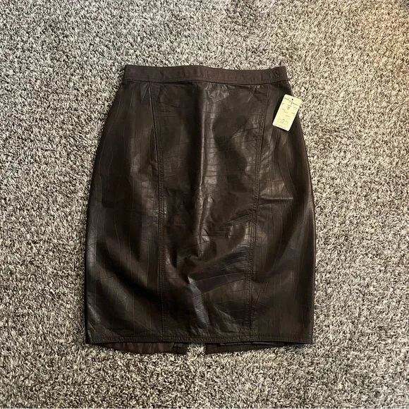 Vintage 80s NWT textured brown leather Skirt - Picture 1 of 4